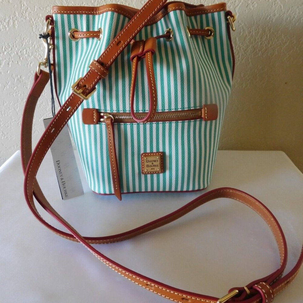 RARE Dooney & Bourke Sullivan Coated Cotton Drawstring Crossbody green white NWT - Picture 2 of 6